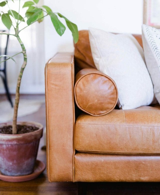 Close-up of Article's Sven Tan leather sofa from Jordana Claudia for Design Sponge