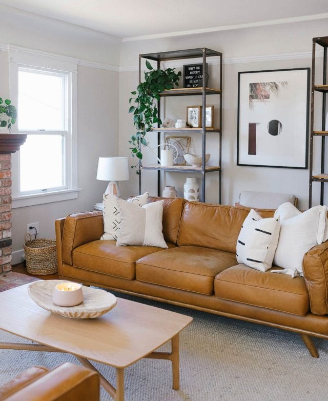 Live Your Style shares her living room featuring the Article Timber sofa in Charme tan leather.