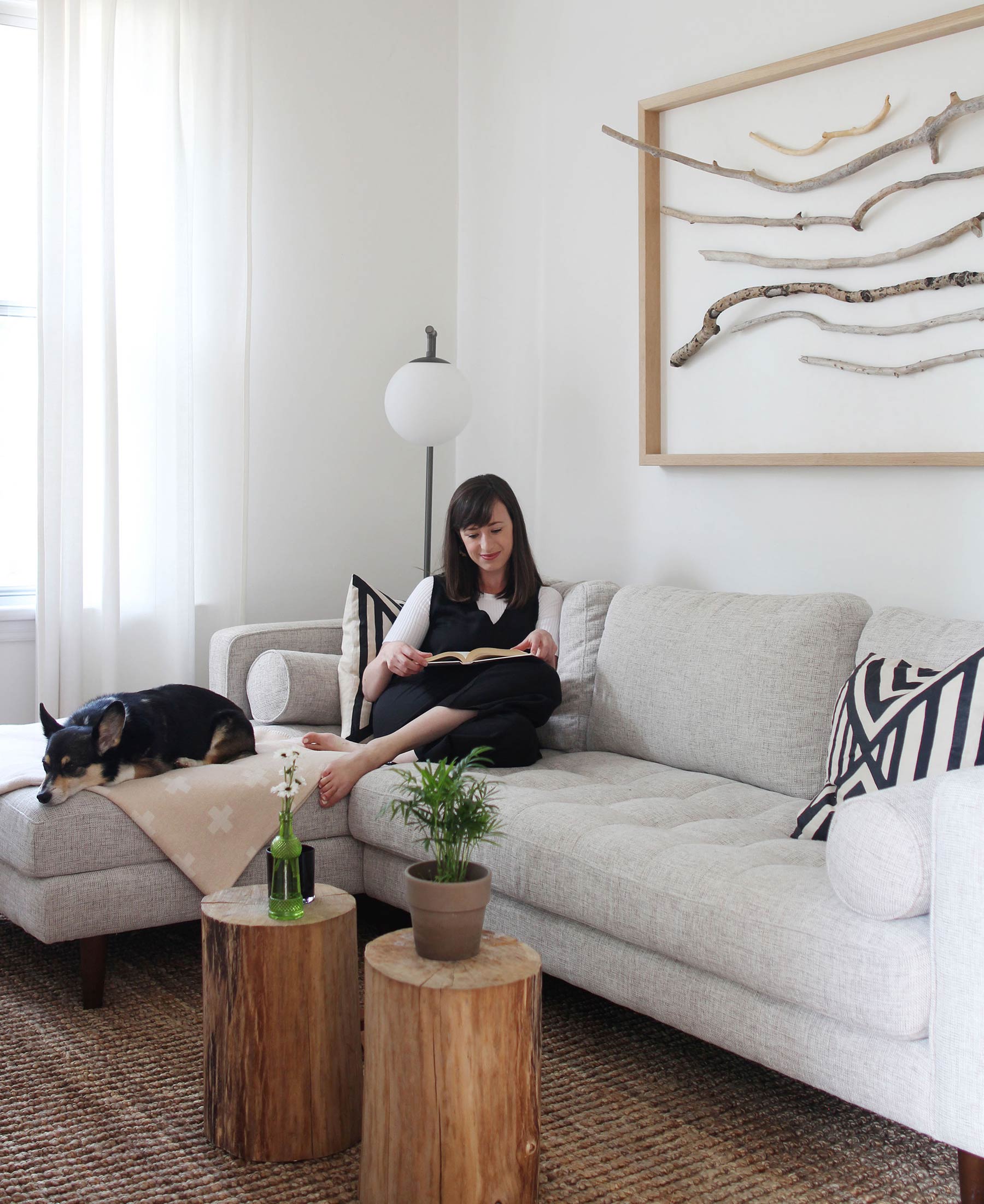 Style Bee enjoys her Sven in Birch Ivory sectional with her dog.